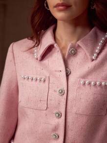 MOTF PREMIUM FAUX PEARL TRIM BUTTON UP JACKET - Pink - View 2