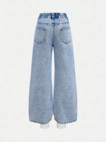 2 件套青少年女孩男女通用直筒牛仔裤，灰色和蓝色水洗，适合学校、周末、学习班