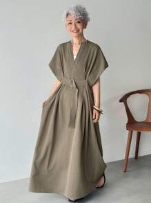 FRIFUL Vestido largo con cuello en V suelto, cintura plisada con cinturón, vestido de unicolor - Verde Oliva - Ver 4