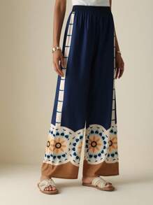 Lyxana Women Elastic Waist Placed Floral Wide Leg Pants Fall Cloth For Women - Multicolor - View 3