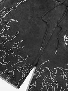 ROMWE MEN Street Life 男士夏季休闲水洗图案印花短裤 - 黑色 - 查看 4