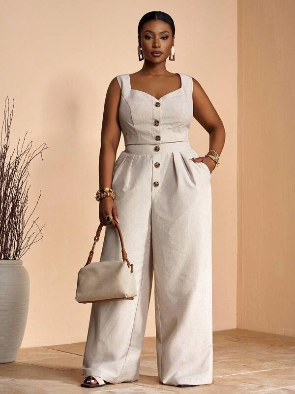 Veslaya 2025 Frühling/Sommer Neue Lässige Urlaubs Elegante Pendler Geburtstags Outfits für Frauen/Bürodamen/Rückkehr zur Schule/Old Money Stil/Herbst Frauenkleidung/Homecoming/Vintage Kleidung Frauen/Flughafen Outfit für Frauen Alltäglicher Strandurlaub Romantischer Sommerpicknick Einfarbig Aprikose V-Ausschnitt Utility Trägerhemd & Weite Bein Maxi Hose 2 Stücke Set, Große Größen