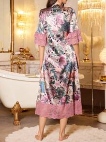 LuxeNights Elegant Romantic Floral Print Lace Ruffle Satin Women Nightgown - Purple - View 2