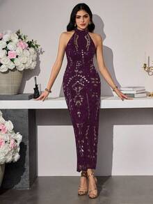 Modelyn Đầm dạ hội sang trọng thêu sequin thanh lịch dành cho nữ - Bold Plum - Xem 1