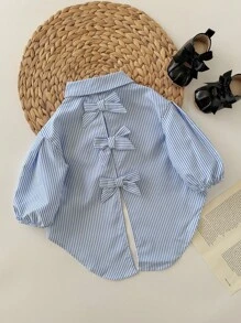 SHEIN Baby Girl Street Casual Parent-Child Asymmetrical Striped Long Sleeve Woven Shirt