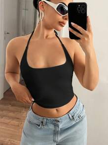 SHEIN ICON 女士休闲露背紧身吊带背心，无需胸罩，女士夏季服装，女士街头服饰，Y2K风格 - 黑色 - 查看 4