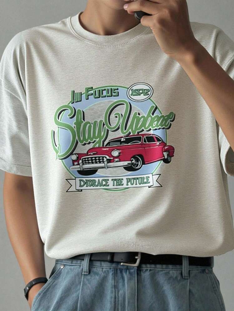 Men's Letter Print T-Shirt In Heather Grey, Summer