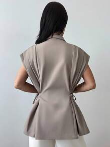 Firerie 女士新款休闲优雅百搭金属纽扣亚麻棕色薄款马甲/仿亚麻西装外套/褶裥系带上衣/商务休闲女装/教师/复古风，秋冬季办公室穿着 - 摩卡棕 - 查看 4