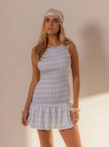 Aralina Summer / Fall Restort Beach Vacation Ruched Plaid Check Dropped Waist Mini Dress Country Concert Outfit - Baby Blue - View 9