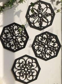 ROMWE Goth 4 miếng gỗ chạm khắc hình học trang trí tường châu Âu - Nền gỗ nguyên khối nghệ thuật trang trí nhà cửa - màu đen - Xem 2