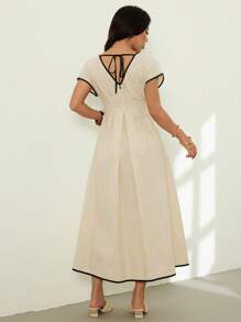 SHEIN PETITE Women's V-Neck Flutter Sleeve Pleated Dress, Summer - Beige - View 5