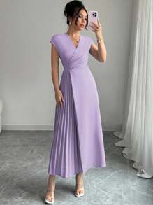 Elenzga 女士优雅简约 V 领腰部褶皱下摆落肩长裙，适合通勤、办公室、商务、休闲、度假、下午茶，纯色 - 淡紫色 - 查看 6