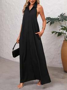 SHEIN Summer Sexy Solid Front Button Backless Dress - Black - View 6