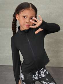 SHEIN Tricou sport cu mânecă lungă, tricotat, culoare solidă, pentru fete tinere, stil sport, cu fermoar, stil casual, elastic, cu fermoar frontal, decolteu înalt și mâneci lungi, croială strâmtă, pentru purtare zilnică. Excelent pentru ținute casual și zilnice și pentru școală, jachete școlare, toamnă.