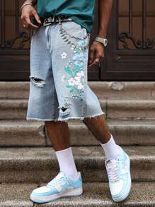 PAVTROS Manfinity Streetrush Men's Light Wash Ripped Denim Bermuda Shorts With Floral Retro Design Graphic Jean Shorts Men Men Floral Denim Shorts Ripped Denim Shorts