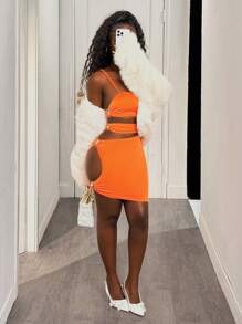 BamGleam Women Side Hollow Passionate Flame Orange Sexy Camisole Dress