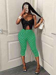 BamGleam Quần legging lửng cạp cao in chấm bi dành cho nữ, phong cách đường phố. - màu xanh lá - Xem 3