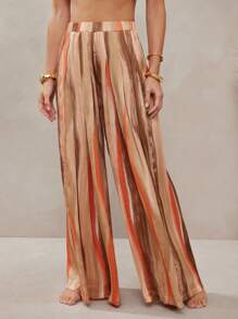 L'Amorae Women Abstract Satin Printed Wide Leg Pleated Pants, Summer Boho Back To School, Vacation