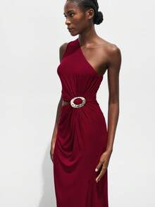 Maija 秋冬不对称领口金属扣装饰修身中长连衣裙，都市通勤商务休闲优雅连衣裙，适合圣诞节、万圣节、派对、婚礼宾客 - 酒紅色 - 查看 6