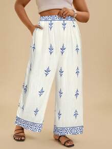 SHEIN VCAY Plus Size Women's Casual Geometric Print Linen Blend Loose Summer Pants