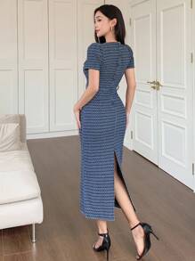 DAZY 女士休闲条纹圆领泡泡袖牛仔连衣裙 夏季女装长裙 - 中等水洗藍 - 查看 2