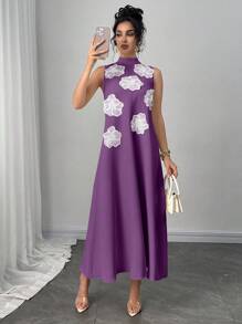 Modelyn 女士优雅时尚 3D 花卉刺绣宽松 A 字连衣裙，奢华浅黄色 - Bold Plum - 查看 4