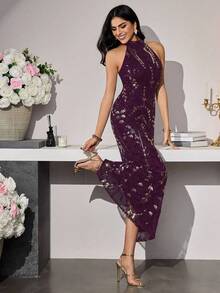 Modelyn Đầm dạ hội sang trọng thêu sequin thanh lịch dành cho nữ - Bold Plum - Xem 4