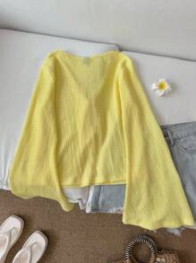 SHEIN LUNE 休闲女士纯色宽松前系带喇叭袖上衣度假女士返校教师度假女士学校外出上衣返校机场女士复古风格女士度假上衣长袖上衣女士奶油黄色度假装女士秋季系带前上衣黄色上衣黄色衬衫可爱黄色上衣黄色系带前上衣黄色 V 领上衣黄色衬衫黄色长袖上衣 - 黃色 - 查看 2