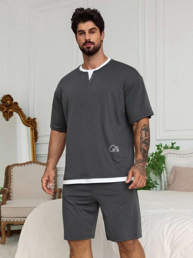 Summer Men 2 In 1 Design T-Shirt With Letter Graphic Print, Dark Grey Patchwork Collar And Hem, Casual Pajamas Set