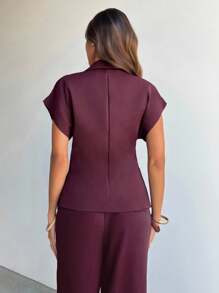 Aloruh Chaqueta de traje de manga corta roja para trabajo/oficina en otoño/invierno - Burdeos - Ver 3