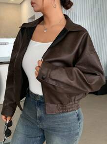 Dazy Plus Spring & Autumn New Vintage Style Short Faux Leather Jacket For Women, Plus Size Regular Fit Bomber Jacket For Valentine's Day,Fall Women Clothes Women Coats - Brown - View 3