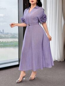 Feyla V-Neck Waist Cinching Hand-Crafted 3D Flower Cinched Waist Elegant Comfy Summer Dress For Work And Everyday - Purple - View 7