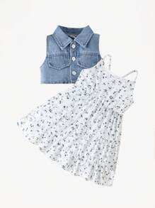 SHEIN Vintaside Kids 嬰兒女孩背心配花卉裙套裝,單排扣閉合 - 薄荷藍 - 查看 4