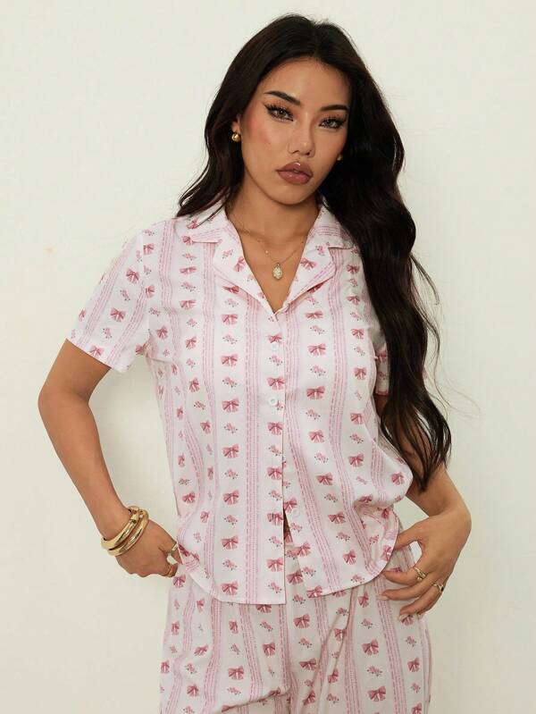SHEIN PETITE Women's Bow Print Patchy Top With Button, And Pants 2 Pieces Casual Outfit