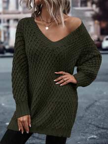 SHEIN LUNE 女士纯色落肩长袖宽松休闲度假套头衫针织套头衫秋冬 - 綠色 - 查看 6