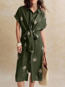 Écloséra 时尚复古百搭日常连衣裙，衬衫领，落肩袖，纽扣，蝴蝶结，刺绣，中长款连衣裙，适合女士，春夏季