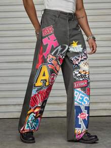 AXEPEAK 男士字母印花口袋阔腿宽松休闲裤，秋季 - 彩色 - 查看 5