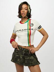 SUMWON WOMEN 天堂岛婴儿 T 恤夏季褶饰腰部拉斯塔条纹短款上衣赛车号码军装风格头巾节日度假海滩