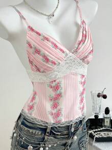 SHEIN Unity 女士夏季甜美蕾丝拼接条纹花卉印花吊带背心 - 粉色 - 查看 1