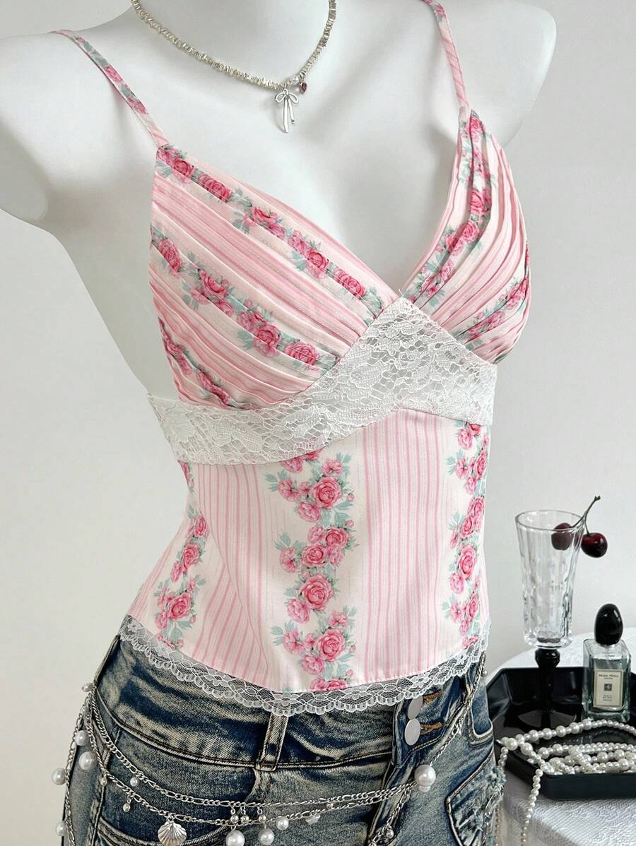 SHEIN Unity 女士夏季甜美蕾丝拼接条纹花卉印花吊带背心 - 粉色 - 查看 1