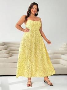 SHEIN EZwear Plus Size Women Summer Yellow Floral Maxi Dress,Elegant Boho Holiday Sundress,Casual Vacation Beach Sun Dresses,European Style Practical Brunch Wear - Multicolor - View 5