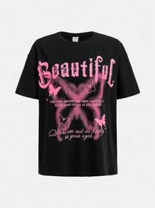 Girlism Teen Girls Streetwear T-Shirt And Sweatpants Co-Ord Set With Letter Print Style Y2k Outfits Y2k Tween Outfit Girl Outfit Set Butterfly Graphic Tee Outfit Black And Pink Outfit