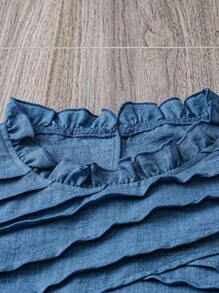 SHEIN PETITE 2 件大码女式纹理面料盖袖上衣和裤子休闲套装，秋季 - 藍色 - 查看 5