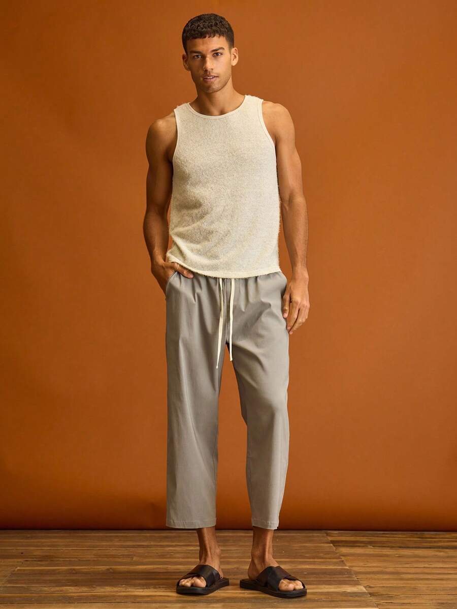 Musero Calça com Cintura Elástica, Perna Reta, Detalhes de Cordão, Primavera Verão Férias - Cinza Claro - Visão 1