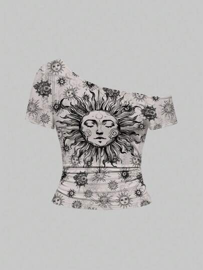 Grunge Punk Vintage Grunge Moon & Face Print Oblique Shoulder Sexy Casual Women's T-Shirt