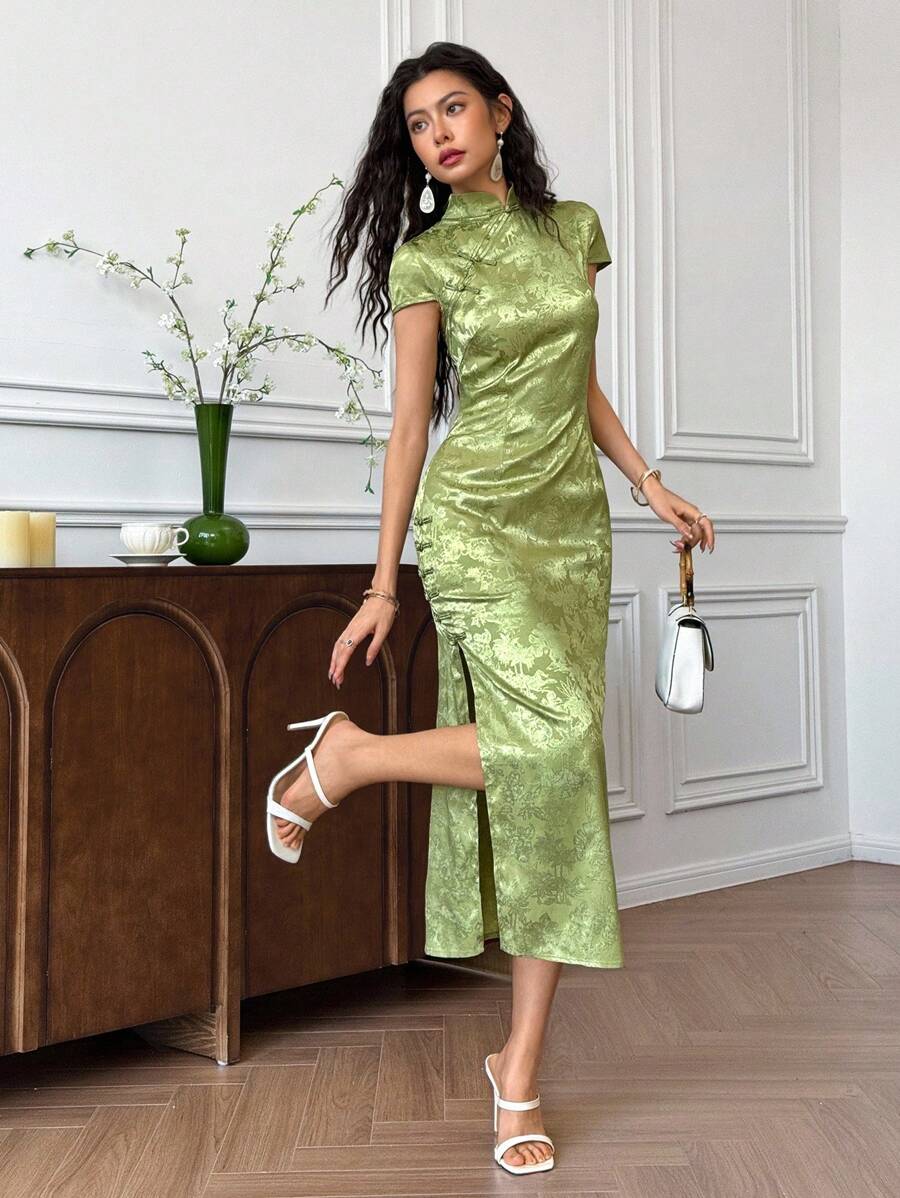 EastFlair Traditional Chinese Style Stand Collar Patterned Satin Jacquard Long Split Qipao Dress In Red - Green - View 1