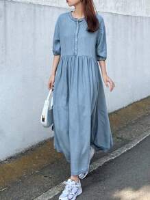 FRIFUL 女式长款牛仔褶皱连衣裙，宽松版型 - 中等水洗藍 - 查看 3