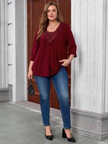 EMERY ROSE Áo kiểu dáng cỡ lớn màu đỏ Angora viền ren, tay lửng, tay ngắn, phong cách boho, thích hợp mặc hàng ngày, thanh lịch, mùa hè, công sở, mùa xuân, mùa thu, đi chơi, họa tiết hoa/kỳ nghỉ. - Màu Đỏ Sâu - Xem 6