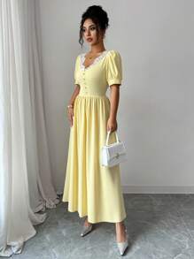 Modelyn Vestido de diseño elegante francés para mujer, ajustado a la cintura y de corte ceñido - Amarillo - Ver 7