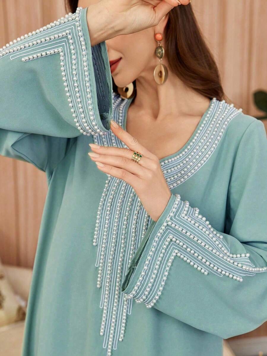 Al Najma 女士开斋节宽松刺绣串珠长袍 - 淺藍色 - 查看 1